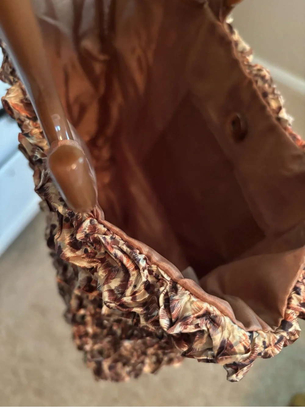 Brown Textured Cloth Tote Bag with Brown Lucite Handles - Picture 7 of 13